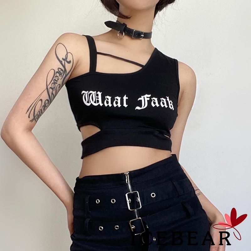 ICE-Women´s Streetwear Punk Style Vest Black Letters Print Oblique Shoulder Hollow Out Cropped Tank Tops