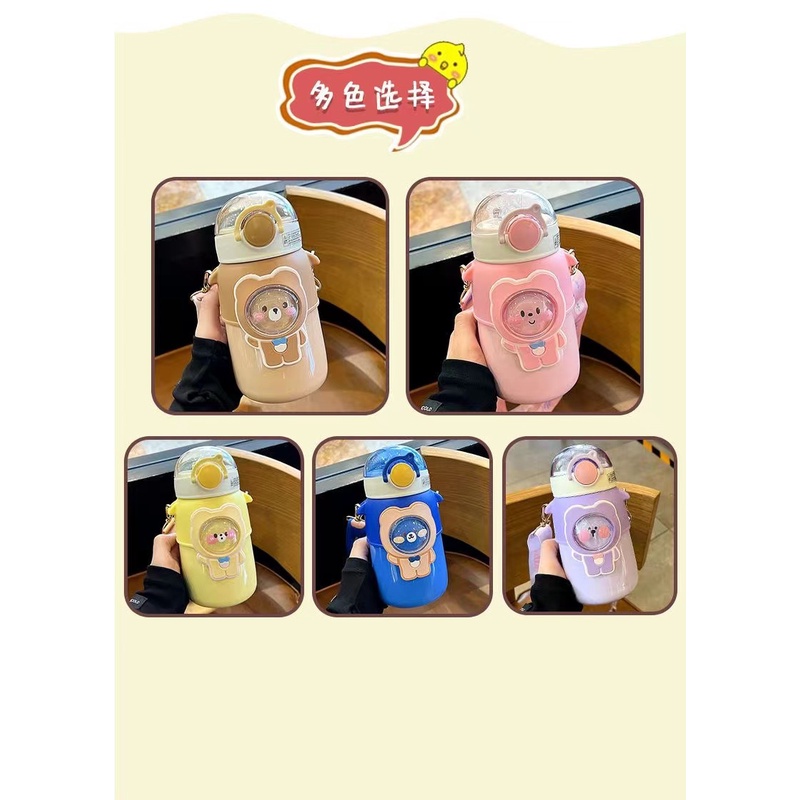 Bình Nước Giữ Nhiệt Bằng Thép Không Gỉ Chống Sốc Có Ống Hút Hình Gấu Hello Kitty Phong Cách Hàn Quốc Cho Bé
