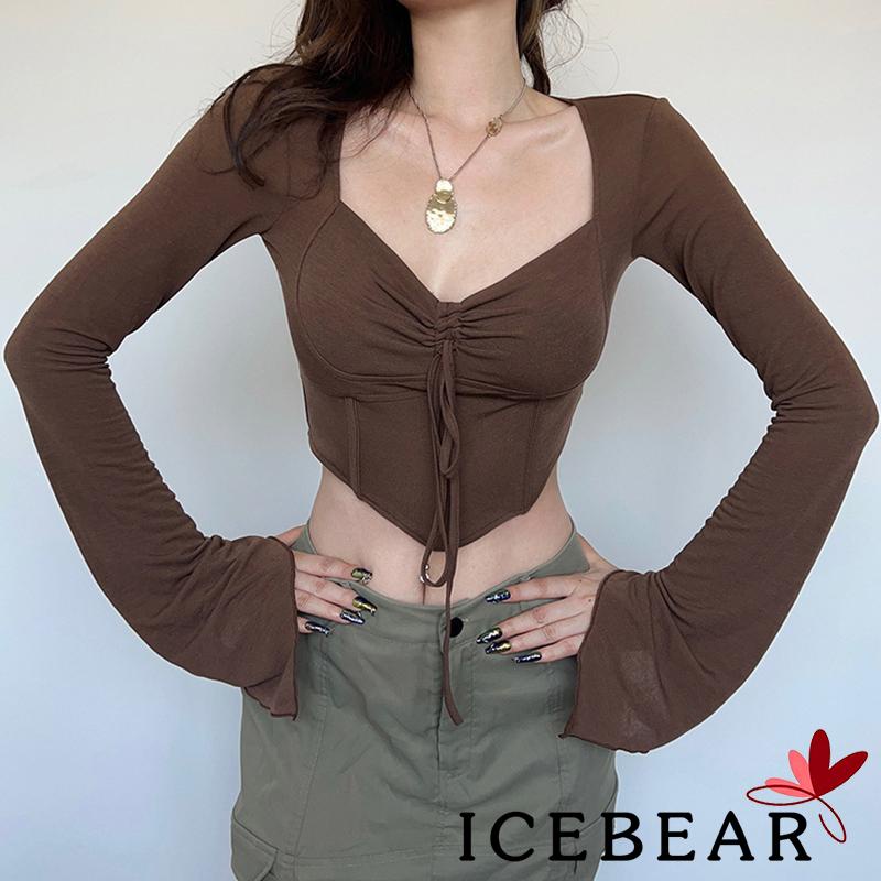 Áo Thun Crop Top Tay Dài Cổ Chữ V Màu Sắc Đơn Giản Dành Cho Nữ