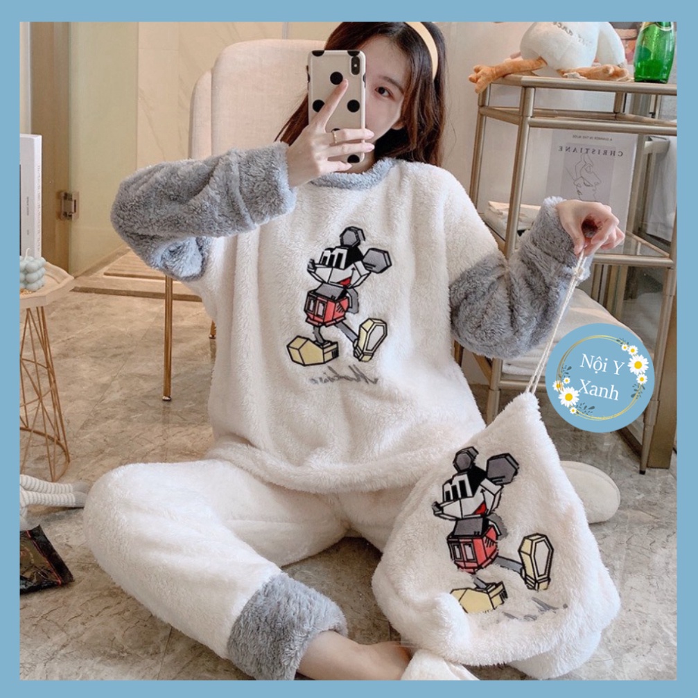 Bộ mặc nhà nữ, bộ ngủ nữ hình chuột Mickey lông 2 mặt kèm túi đựng xinh xắn chất đẹp, thoáng hút mồ hôi