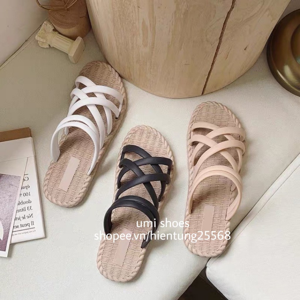 LOẠI I ĐẾ DẺO  Dép nữ sandal lê đế bằng bệt giả cói quai chéo đi mưa chống nước hôi chân mới hot màu đen/be [ẢNH THẬT] | BigBuy360 - bigbuy360.vn