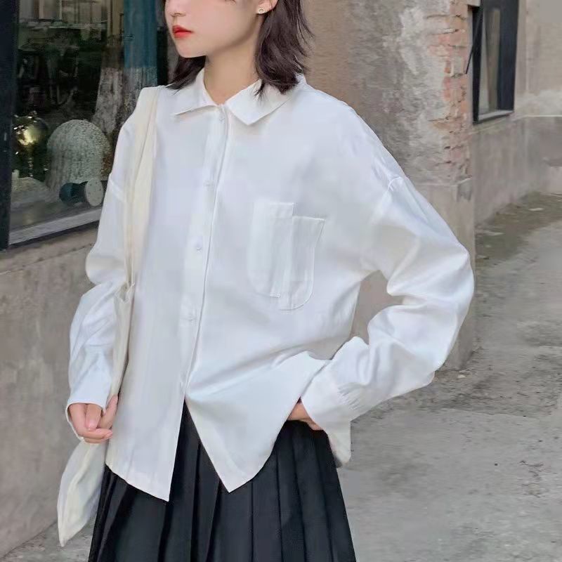 (MỚI) Áo sơ mi trắng tay dài dáng rộng phối túi độc đáo