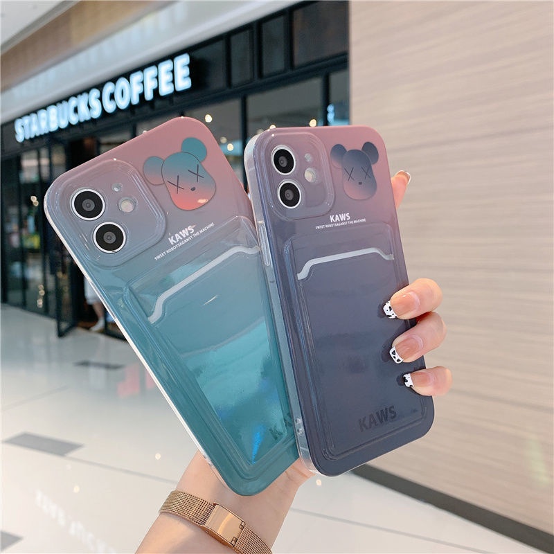 Ốp điện thoại in hình gấu màu gradient có ngăn đựng thẻ thích hợp cho iPhone 7 8 Plus