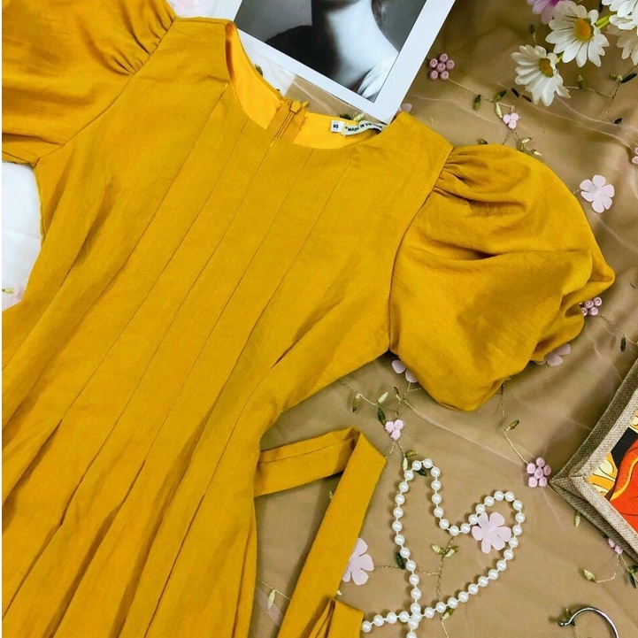 Đầm xòe dự tiệc,váy thiết kế Midi tay bồng dài xếp ly eo chất liệu linenl mịn full 2 lớp đi làm dạo phố XM Minh Phúc