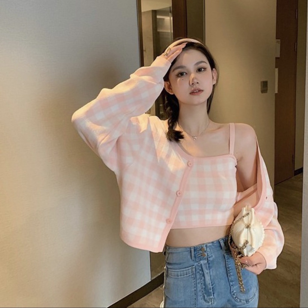 Áo len 2 dây croptop nữ Thảo Chi - Set áo len 2 dây kèm áo khoác ngoài họa tiết kẻ caro có 4 màu cực xinh dễ thương