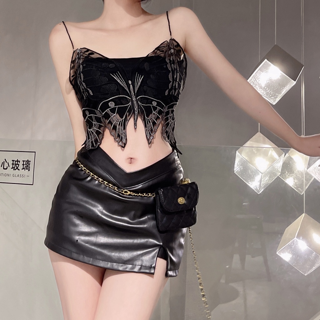 Cocory vn Set Áo hai dây Đính Nơ Phối Chân Váy Da PU Lưng Cao Thời Trang Mùa Hè Quyến Rũ Cho Nữ