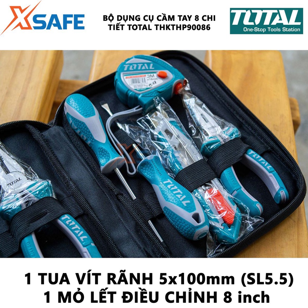 Bộ đồ nghề cầm tay 8 chi tiết TOTAL THKTHP90086 gồm thước cuộn, tua vít, mỏ lết, kềm cắt mỏ dài - chính hãng