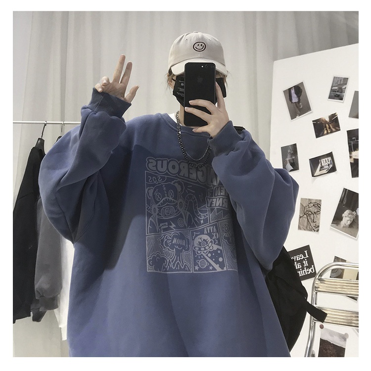 Ifnicefuture Áo hoodie Tay Dài Cổ Tròn Dáng Rộng In Họa Tiết Hoạt Hình Phong Cách Hàn Quốc Thời Trang Thường Ngày Cho Nam