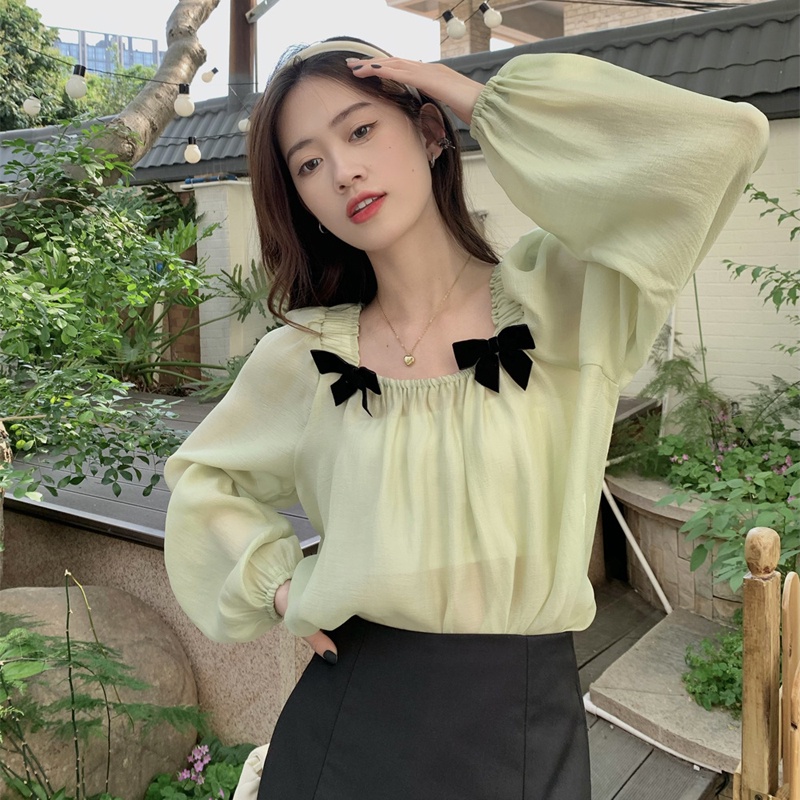 Áo chiffon BH cổ vuông tay dài đính nơ thời trang mùa hè dành cho nữ 2022