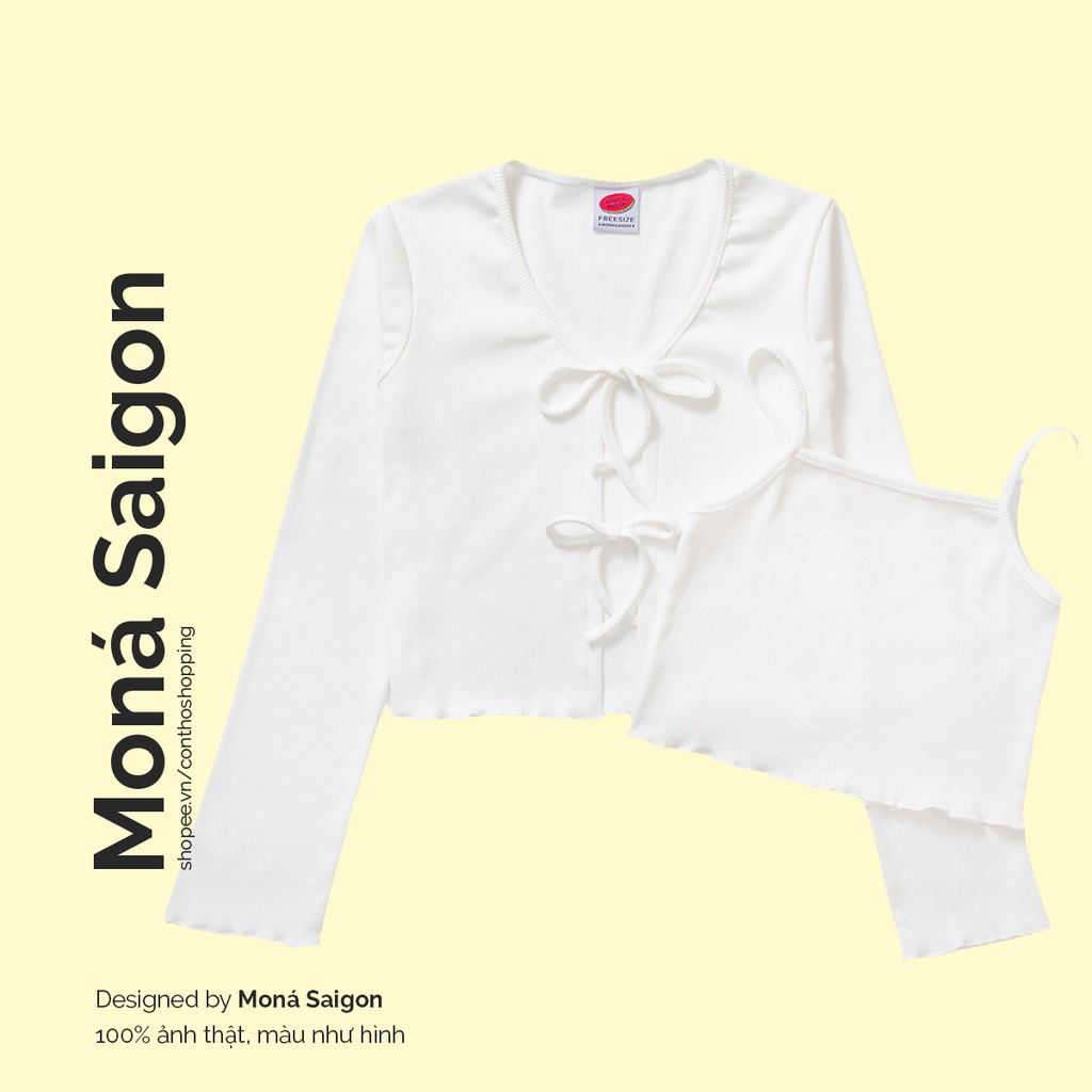 MONÁ Set áo cardigan trắng tay dài ống loe cột nơ YURI TOP | KHÔNG KÈM VÁY