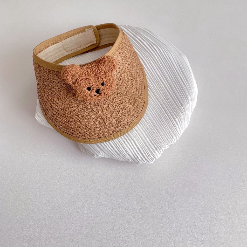 Mũ che nắng hở chóp bằng sợi rơm hình gấu dễ thương có thể gấp gọn thời trang mùa hè cho trẻ em