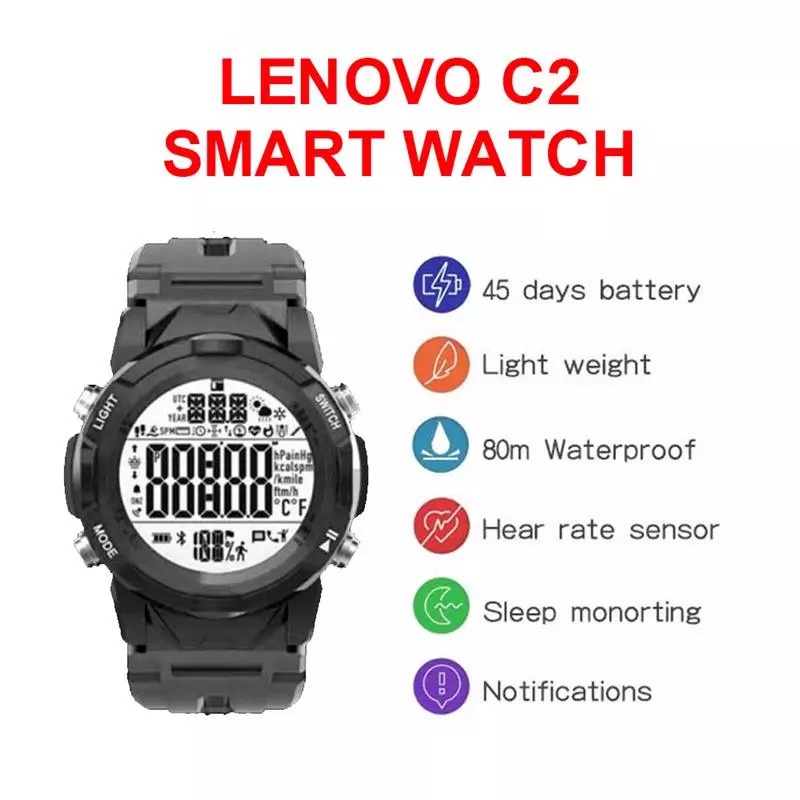 Lenovo C2 Smart Watch Fitness Tracker Heart Rate Monitor Black