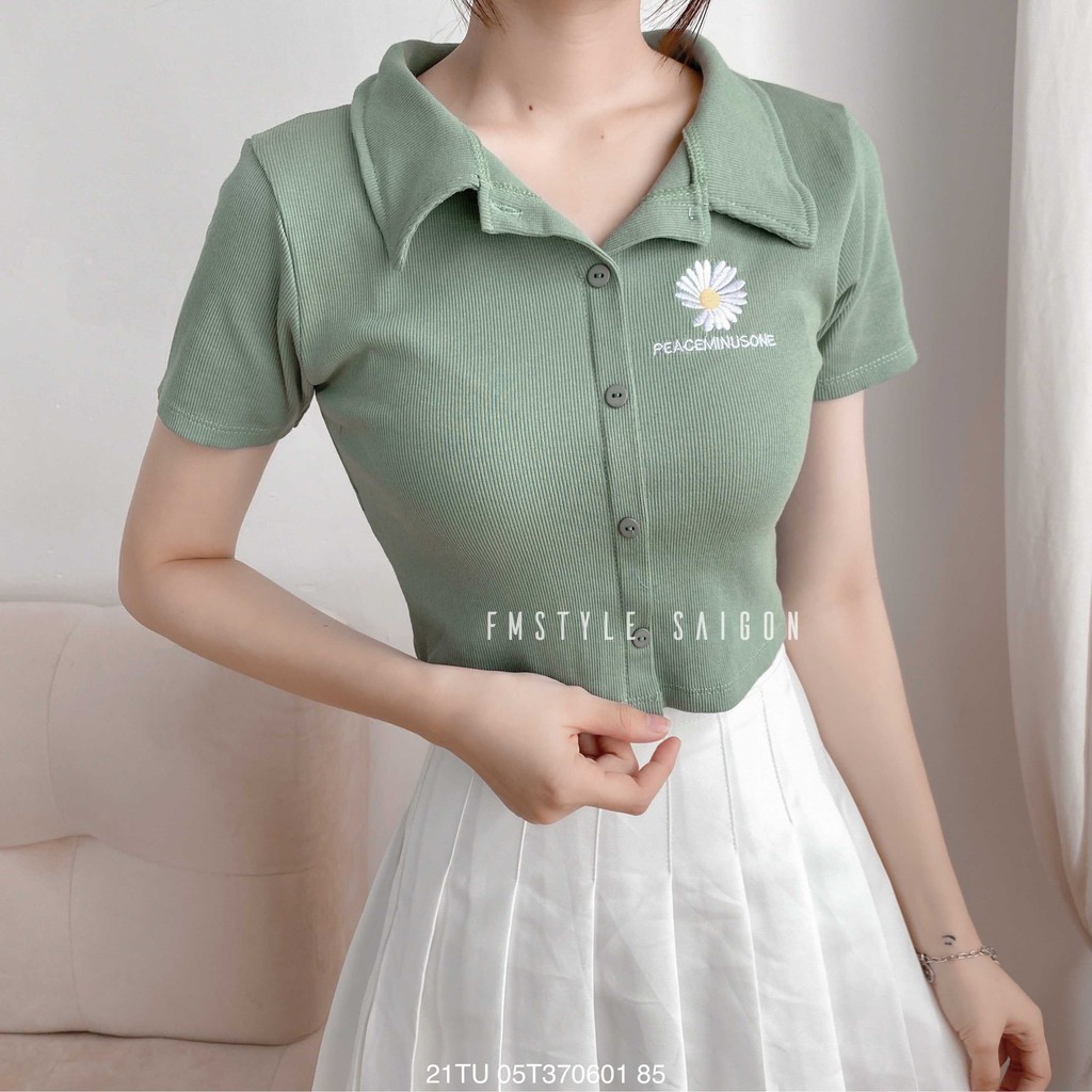 Áo thun tay ngắn cổ bẻ thêu hoa cúc ulzzang trơn thời trang FMstyle Saigon 21TU05T370601