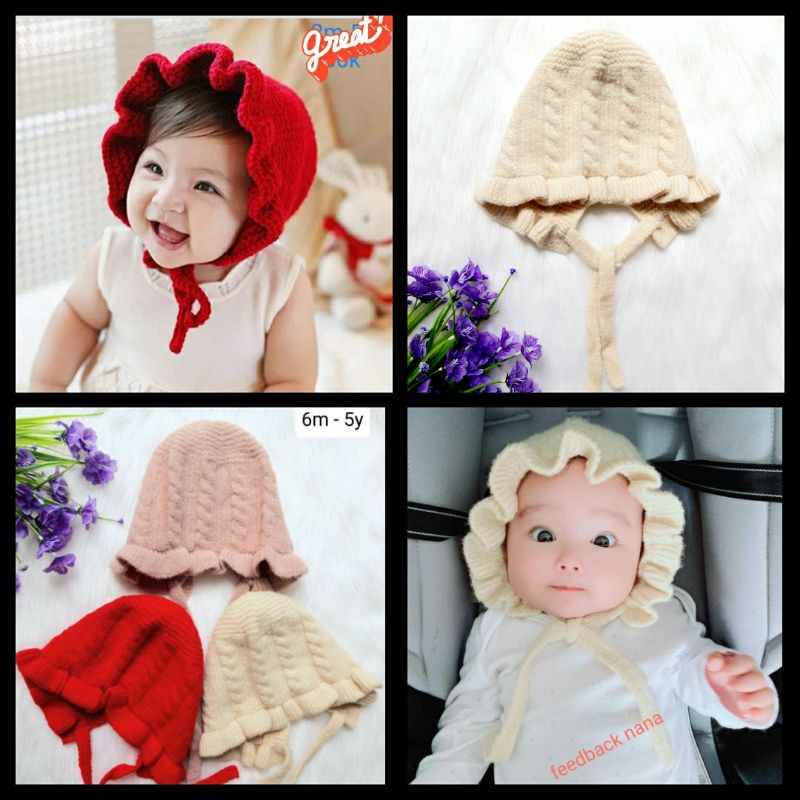 Nón len/ mũ len bé gái có dây cột xinh xắn