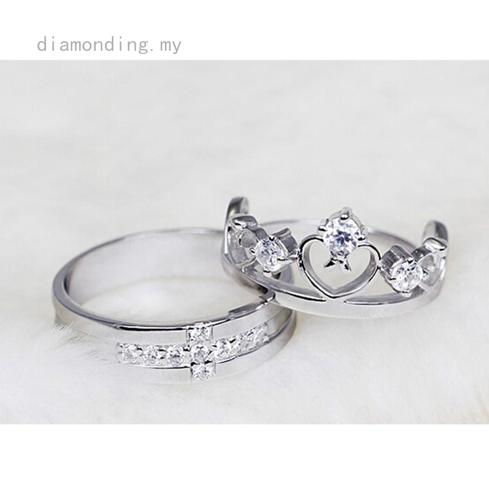 Set 2 nhẫn mạ bạc hình vương miện đính kim cương nhân tạo thiết kế theo kiểu hàn quốc thời trang dành cho cặp đôi