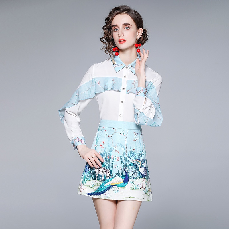 Set Áo Thun Tay Dài In Hình Chim Công + Quần Dài Cho Nữ