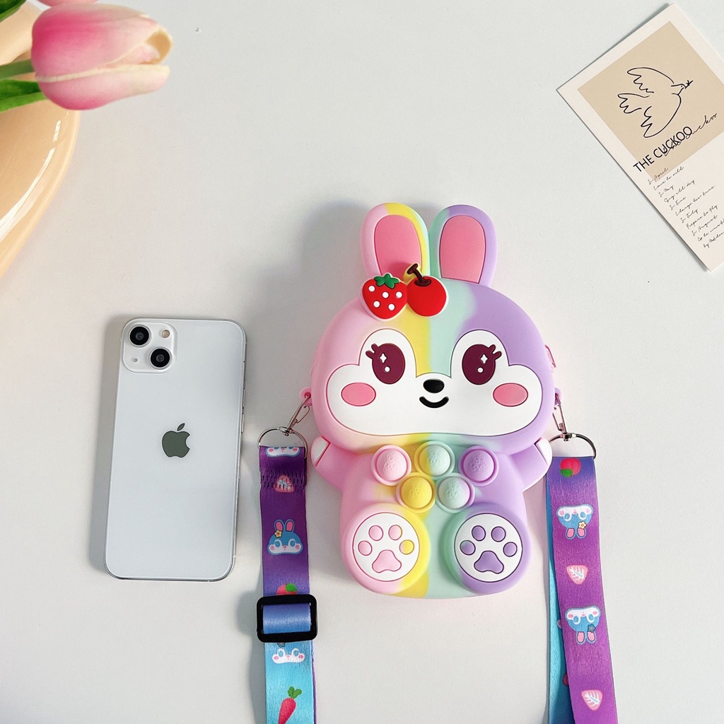 Kids Pop It Túi Messenger Đồ Chơi Bằng Silicon Giảm Căng Thẳng Hình Thỏ Dâu Tây Gợn Sóng Cho Bé Gái