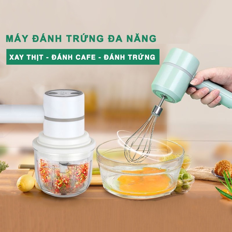 Máy Đánh Trứng Cầm Tay 3 Trong 1 Đa Năng - Có Pin sạc 2021 - Máy xay thịt tỏi ớt hạt tiêu đánh sữa cafe mini không dây