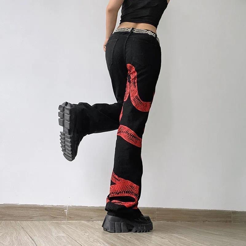 Quần Jean In Hoạ Tiết Rắn Đỏ Đối Xứng Phong Cách Cá Tính