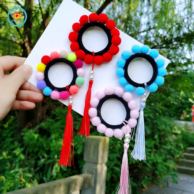 Dây buộc tóc IQ ANGEL đính bóng lông tua rua nhiều màu sắc cho bé gái