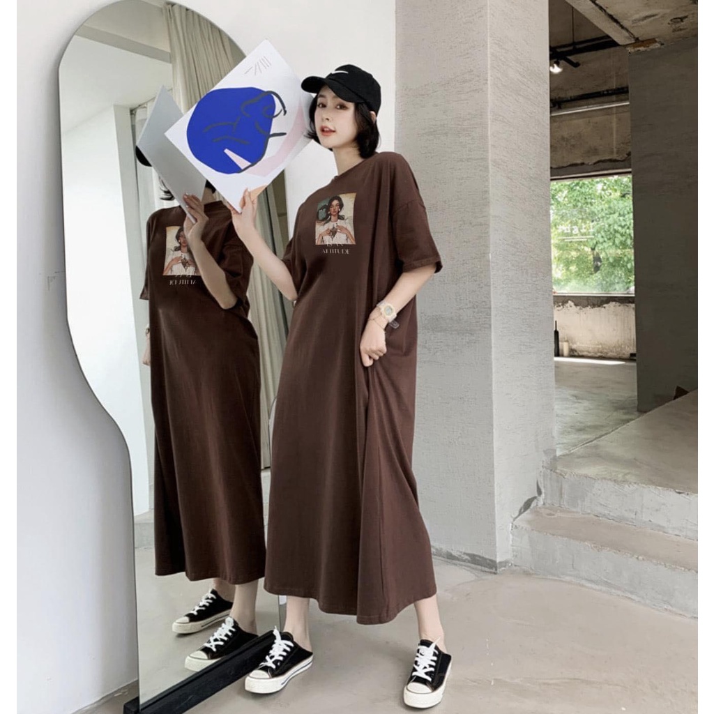 Váy suông trơn nữ in hình cao cấp, Váy thun nữ dáng suông chất cotton nhung mềm mịn thấm hút tốt TTS24 | BigBuy360 - bigbuy360.vn