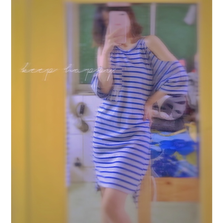 Đầm thun W.A.Y 2 dây trễ vai tay lỡ form rộng kẻ sọc xanh new