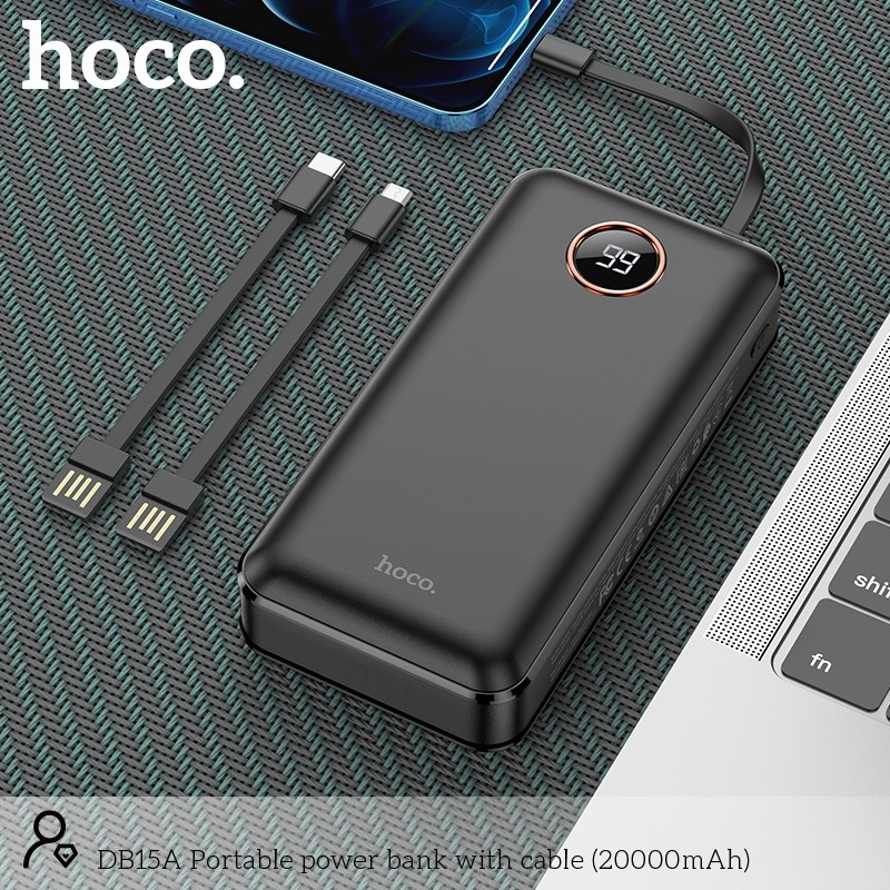 Pin sạc dự phòng Hoco DB15A 20000mAh 2 input, 2 output, kèm 3 cáp sạc, chức năng đèn pin (Đen) - Hãng phân phối