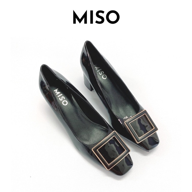 Giày cao gót công sở nữ basic da bóng mũi vuông trendy gót trụ phối khoá 7cm MISO M014