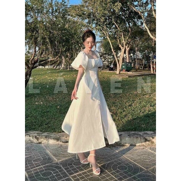 ĐẦM MIDI TRẮNG TAY PHỒNG PHỐI NÚT