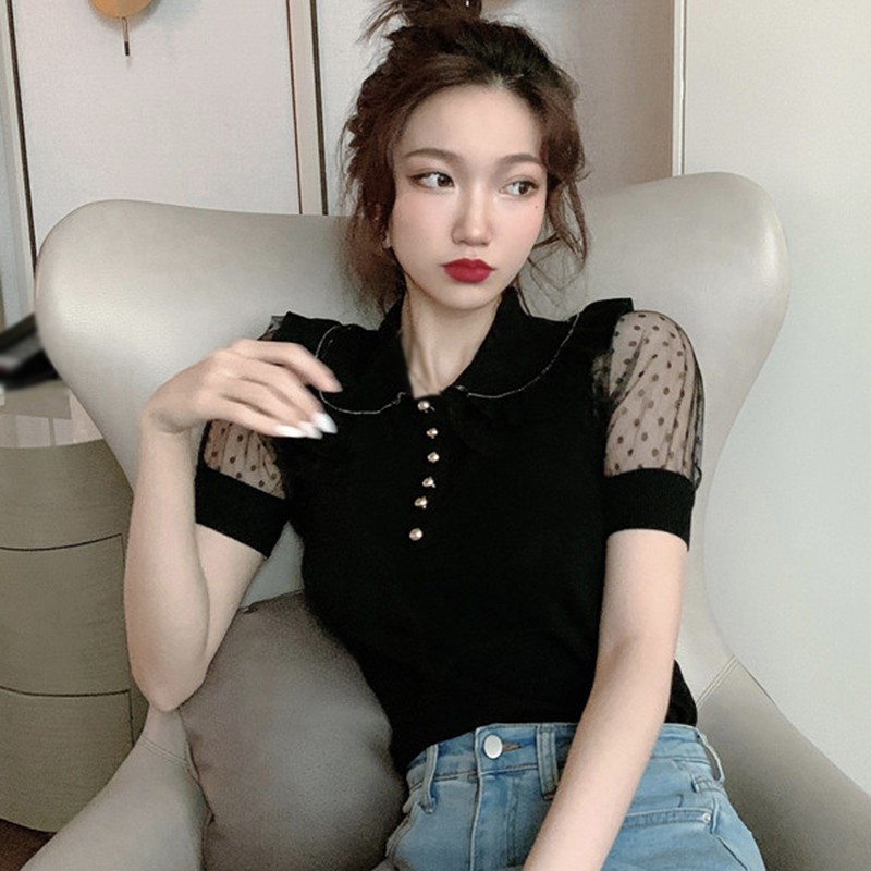 Áo Kiểu Tay Ngắn Phối Nút Thiết Kế Cổ Búp Bê Thanh Lịch