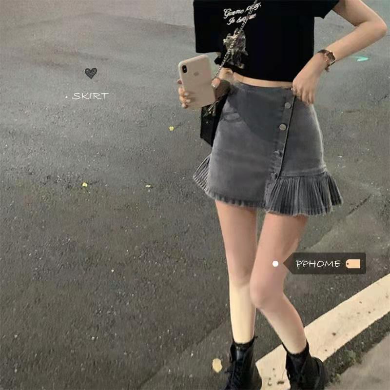 Chân Váy Denim Ngắn Lưng Cao Phong Cách Hàn Quốc Mới