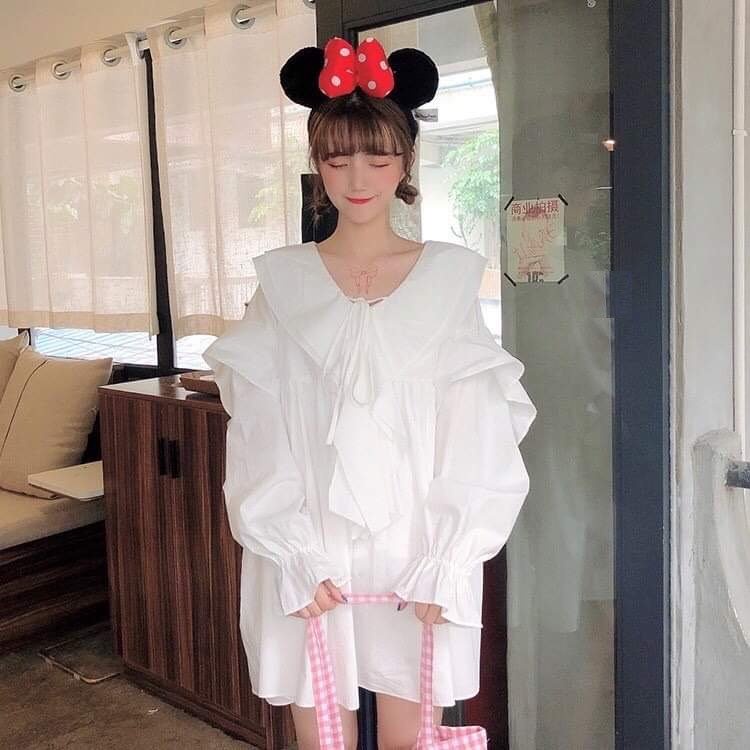 Áo sơ mi babydoll dài tay cổ viền chữ Y - áo sơmi trắng nữ dài tay bánh bèo, tay bo xòe, dáng váy SIÊU HOT