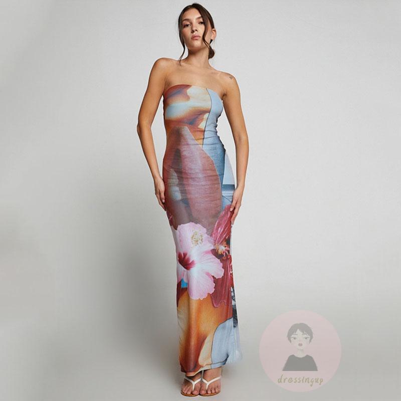 Đầm Cocktail Không Dây Trễ Vai In Họa Tiết Hoa Có Đường Xẻ Cho Nữ Size S/M/L