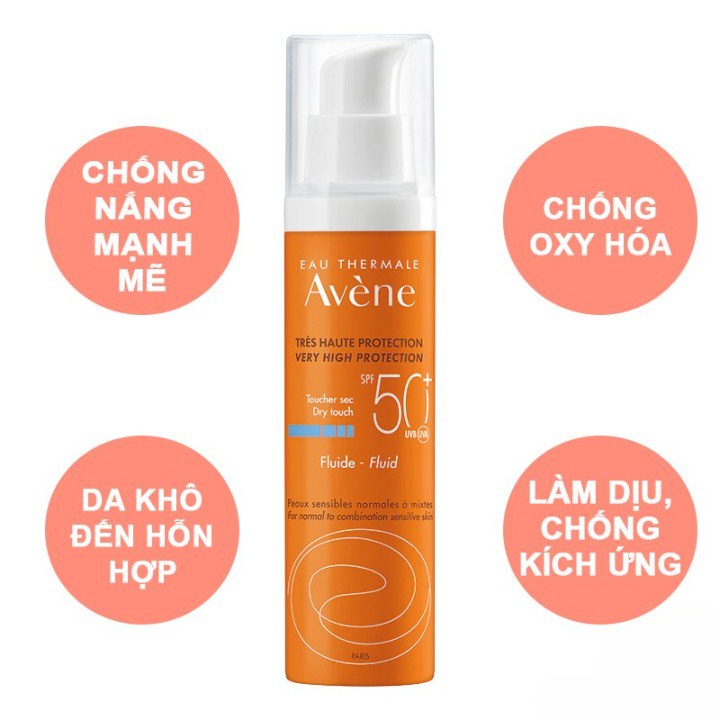 Kem chống nắng Avene Dry Touch Fluide SPF 50+ 50ml  giúp làm dịu nhẹ làn da, chống kích ứng