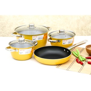 Bộ nồi canh inox vung kính Goldsun GE31-4307SG (Xanh lá, cam, vàng, hồng)