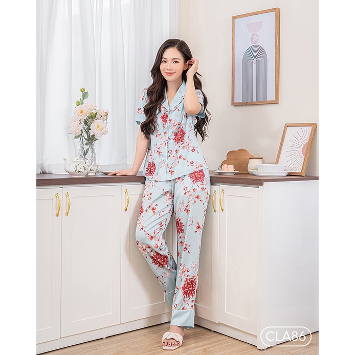 Bộ Pyjama satin ZAM Luxury CLA86 áo ngắn tay quần dài hoạ tiết