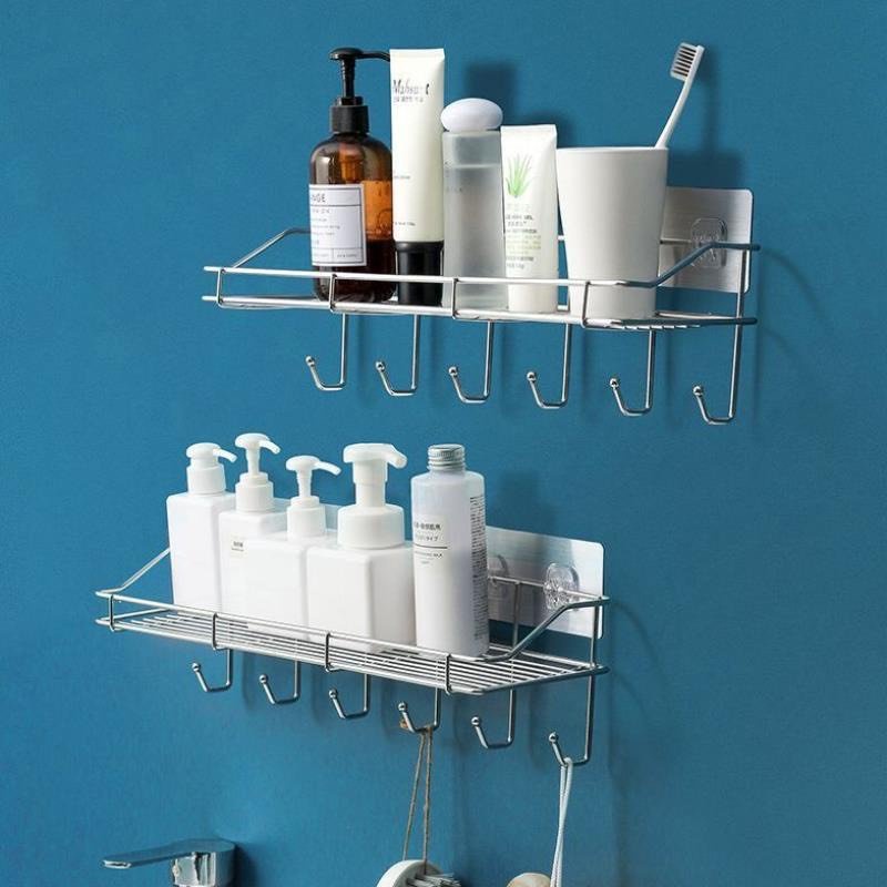 Kệ dán tường nhà tắm inox304 có thêm móc treo tiện lợi, giá để gia vị inox-KT40cm