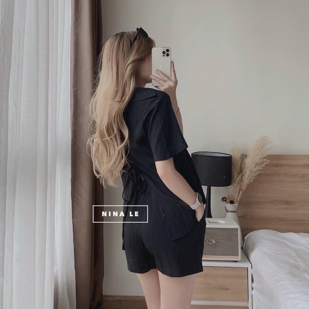 Set bộ quần áo sơ mi thiết kế phối nơ lửng chất đũi xốp xọc gân hàng đẹp B118 SUTANO