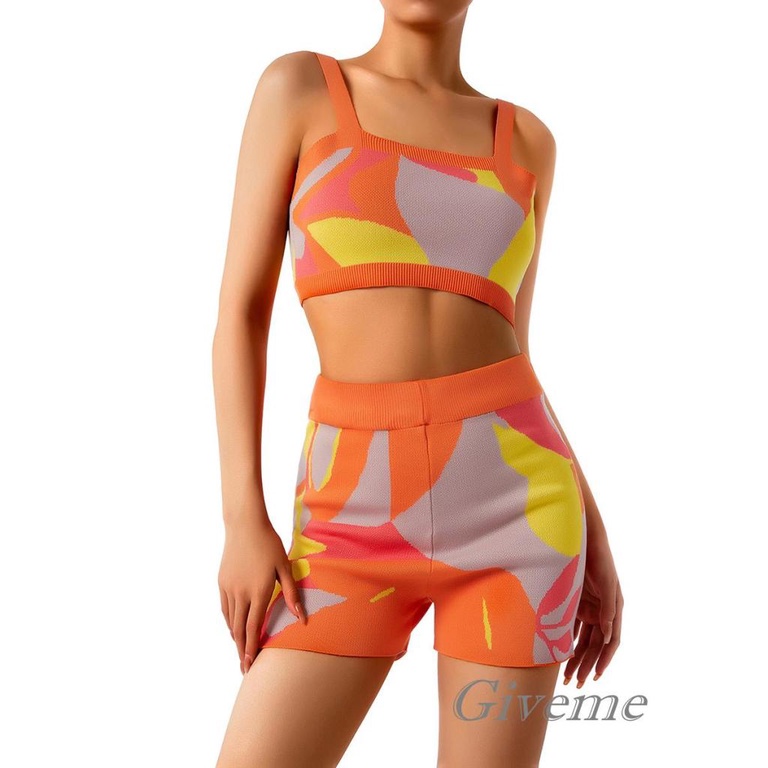 Bộ Áo Croptop Dệt Kim Hai Dây In Họa Tiết Phối Quần Short Co Giãn Thời Trang Cho Nữ