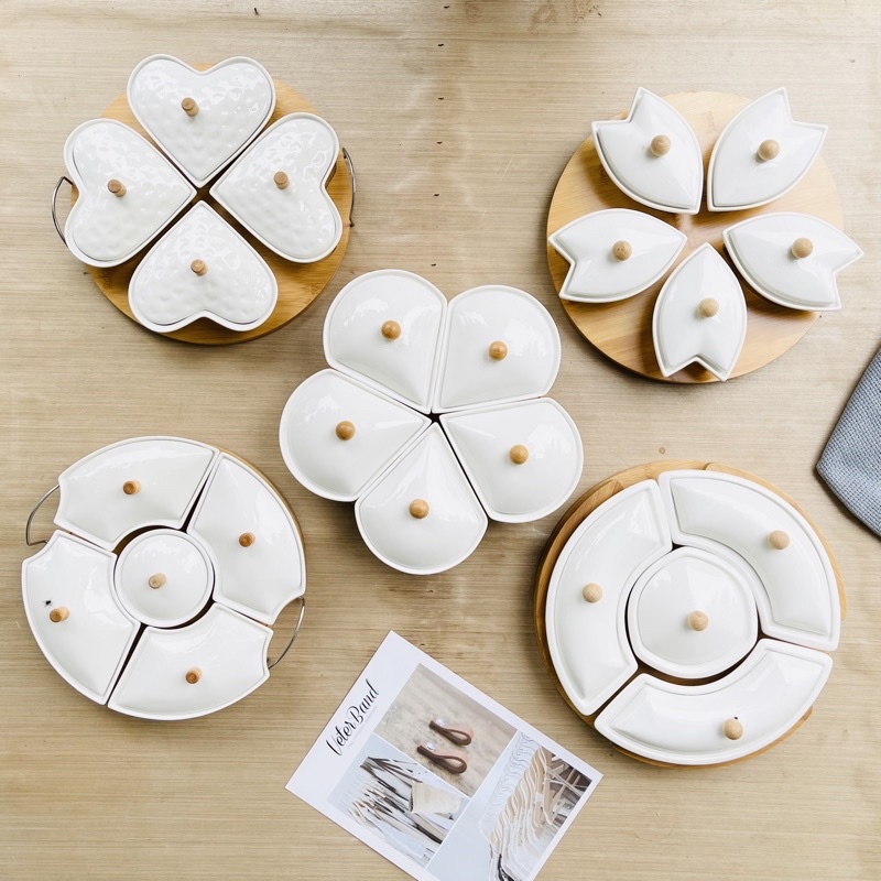 Khay mứt tết sứ cao cấp đế gỗ xoay 360 độ , Mã:KM1