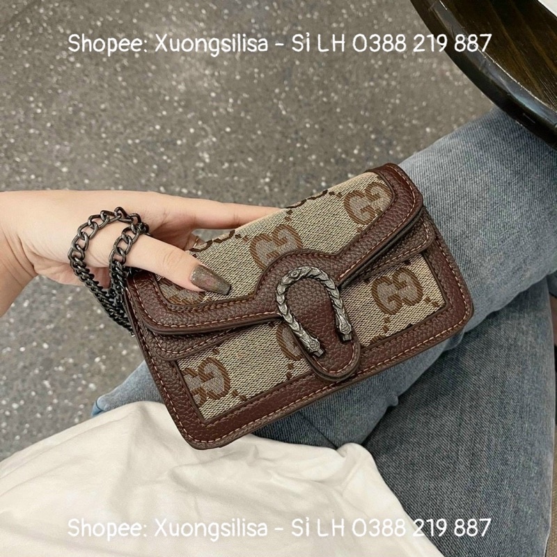 Túi Đeo Chéo Vải Dệt Chữ To ĐR Viền Màu Nâu Hàng Đẹp Rẻ