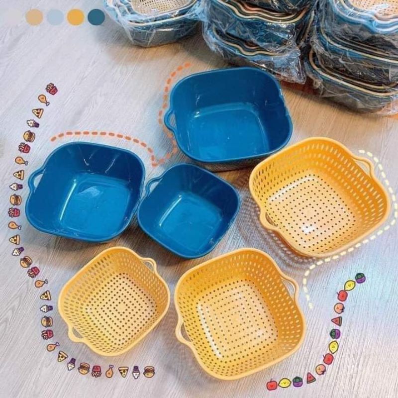 [ 06 món ] bộ rổ và thau nhựa đa năng - set 3 rổ 3 chậu rửa rau củ quả trái cây nhà bếp