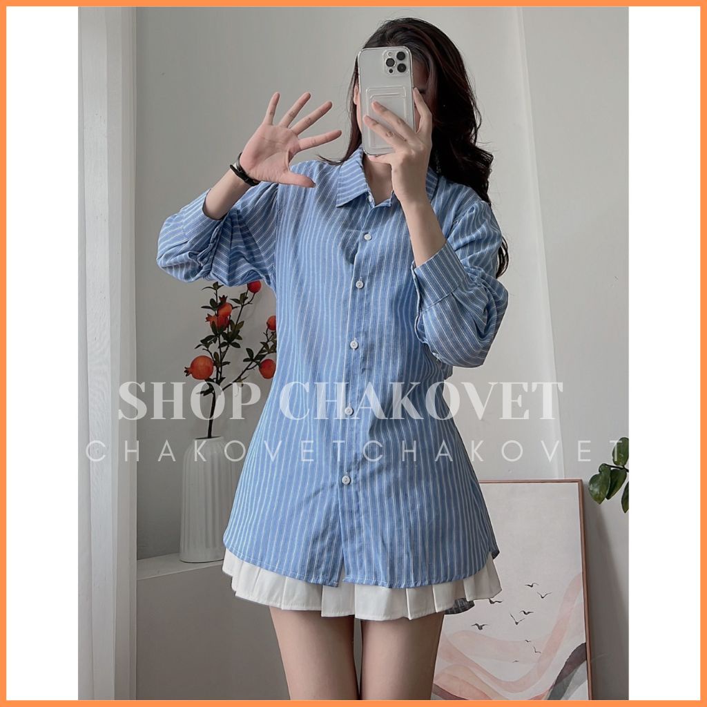 Áo sơ mi nữ dài tay A8356 Áo kiểu kẻ sọc thiết kế xẻ lưng học sinh công sở style Hàn Quốc mặc cực cá tính - CHAKOVET