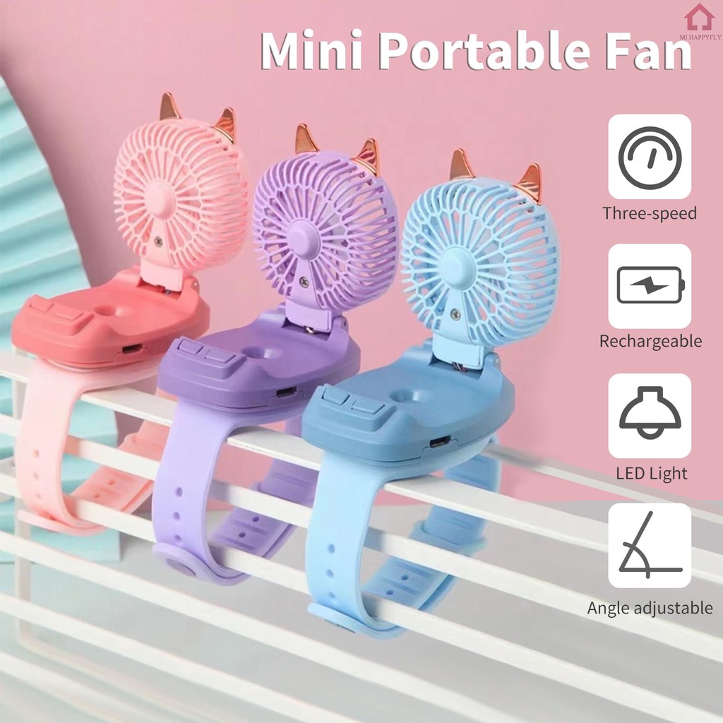 ଓ  Portable Fan Mini Fan Portable Watch Fan with Comfortable Wrist Strap Colorful LED Light Three-speed USB Charging