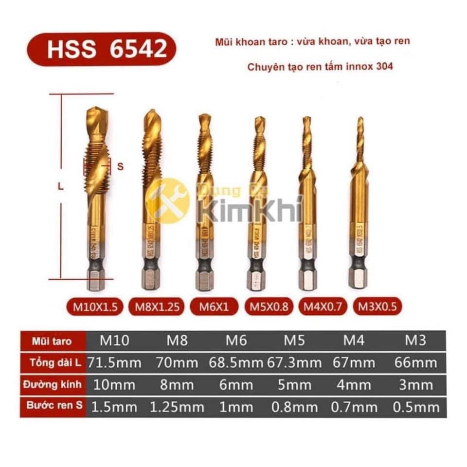 Bộ 6 mũi khoan Taro ren M3 - M10, thép HSS phủ titan