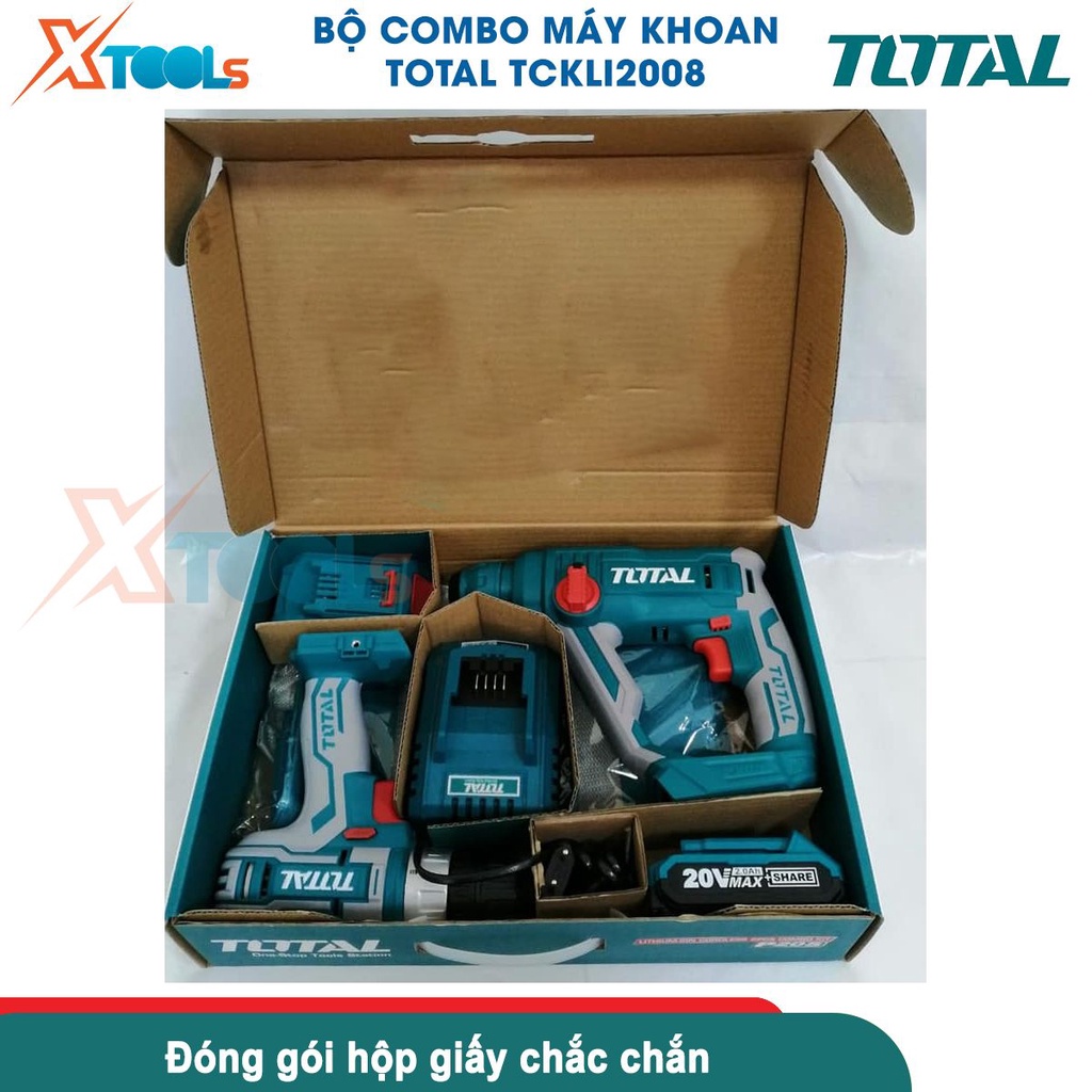 Bộ máy khoan cầm tay TOTAL TCKLI2008 gồm 2 máy khoan pin 20V, kèm 2 pin 2.0Ah 1 sạc, dùng khoan đục gỗ-CHÍNH HÃNG-XTOOLS