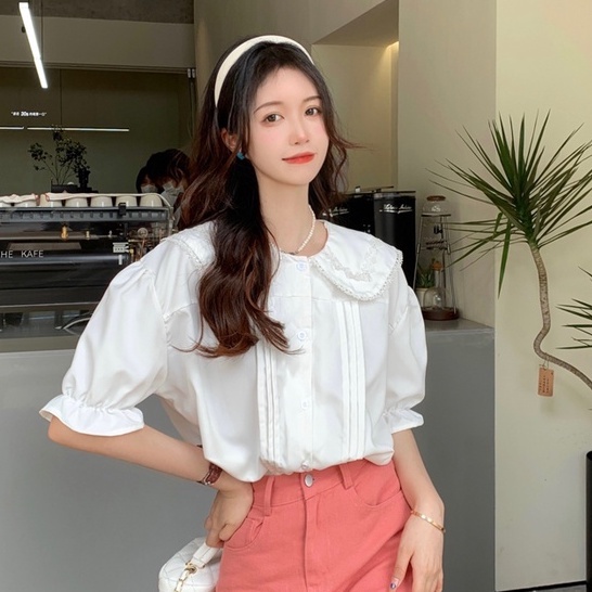 【ZHELIHANGFEI】Áo Sơ Mi Tay Ngắn Cổ Búp Bê Đính Tai Thỏ Kiểu Nhật Bản Dễ Phối Đồ