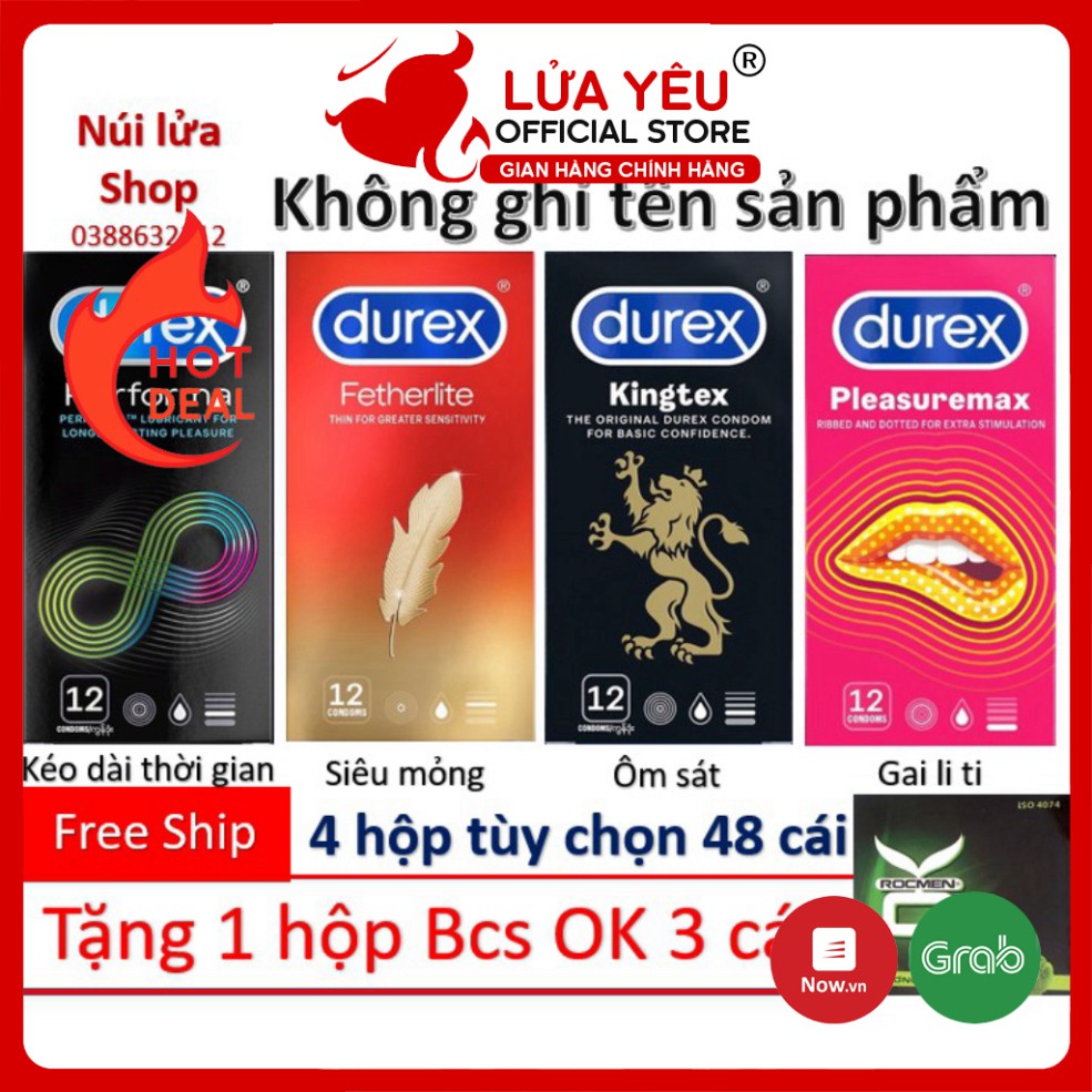 [COMBO] 4 hộp Bao cao su Durex Performa, Fertherlite,  Invisible, Pleasuremax, Kingtex, Ultima TẶNG 1 hộp Ok 3 cái BCS L