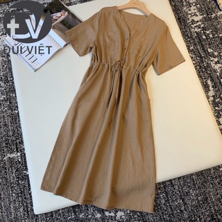 Đầm suông nữ Đũi Việt thiết kế cổ V 2 túi ngực, chất liệu thô mềm đầm dáng suông dây eo tùy chỉnh