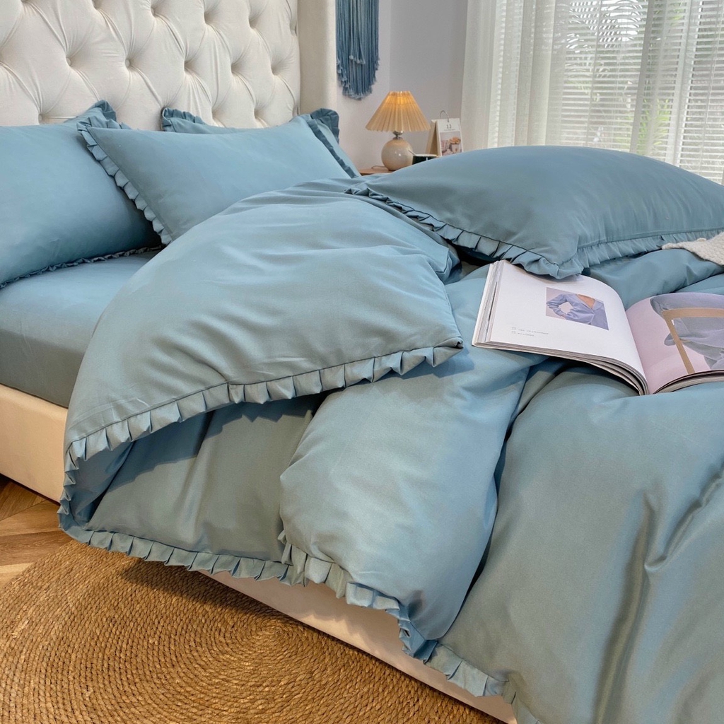Bộ Chăn Ga Gối Cotton TICI Bèo trơn - Xanh Dương Nhạt